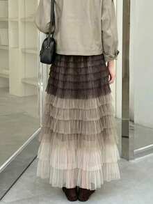 European Fashion New Design High Waist Fitted Multi-Layered Mesh Patchwork Midi Skirt Summer - Coffee Brown - View 2