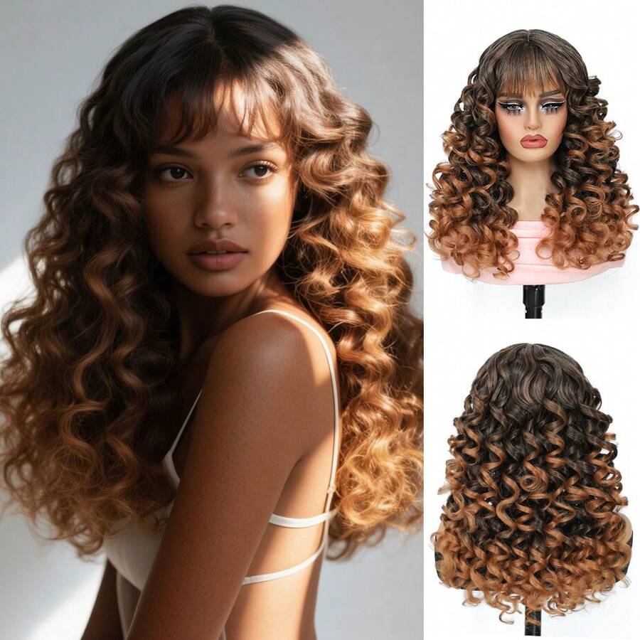 18 Inch Glueless Curly Wig With Bangs, Big Fluffy Synthetic Fiber Wig Suitable For Cosplay And Daily Wear, Halloween - Multicolor - View 1