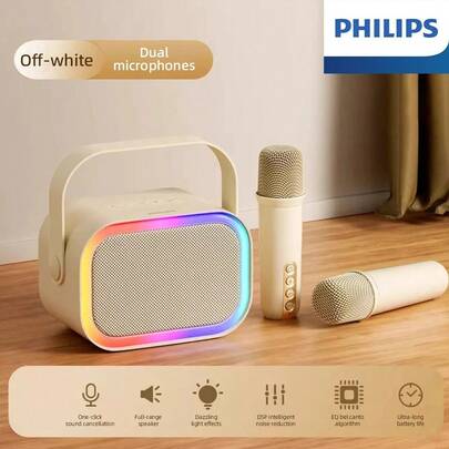  Philips Bluetooth Speaker Sing Portable Karaoke Home KTV with 2 Microphone Support TF/U Disk RGB Ambient Light 3D Surround Sound HiFi Spatial Audio Quality Long Battery Life Family Gift Birthday Party Outdoor Camping Wireless Singing Speaker