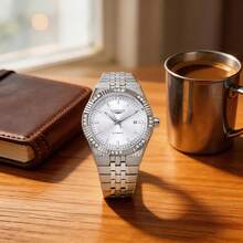 1枚男士自动机械表，奢华镶钻钢表带商务日历腕表，适合日常佩戴和送礼。 - 白色 - 查看 3