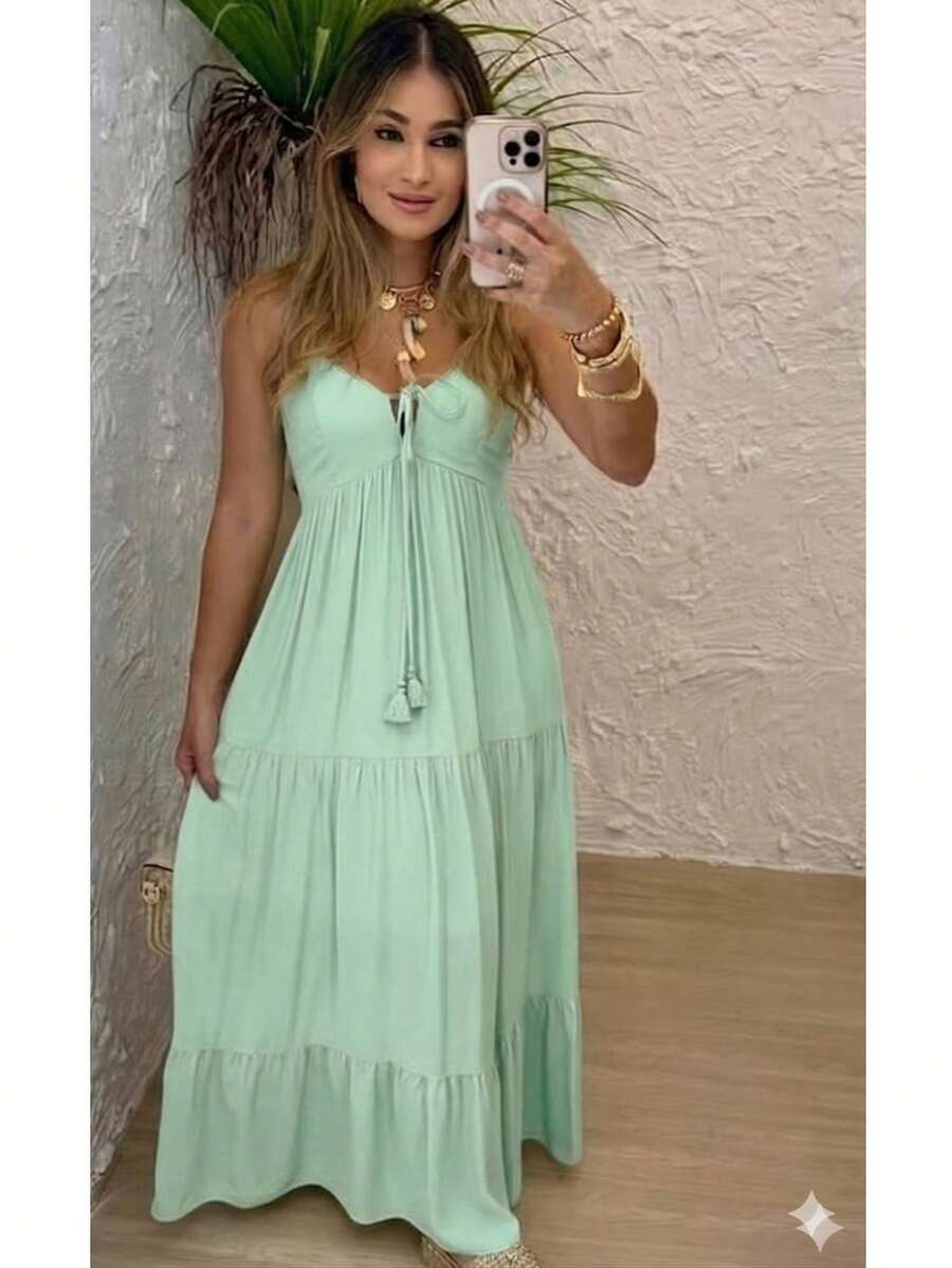 Women's Long Dress, Flowing Style, Sensual Fabric, Thin Straps, V-Neck With Front Tie, Elastic Back - Fits Sizes 36 To 42. - 薄荷綠 - 查看 1