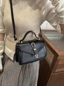 Bolso de mano pequeño de unicolor y de moda con solapa y correa ajustable - Negro - Ver 3