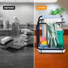 1pc No Drill Kitchen Sink Sponge Drainer Rack, 2-In-1 Countertop & Wall Mount Dish Drying Rack With Towel Bar And Removable Drip Tray, Black Metal Kitchen Organizer - Multicolor - View 5