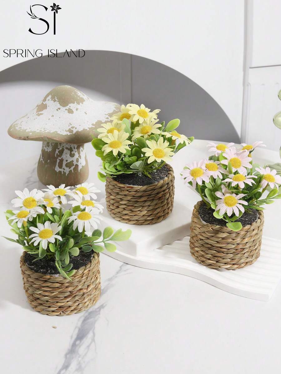 3件組雛菊草花束、尤加利葉、附花盆、白色、黃色、粉色、PE材質製成、桌面裝飾、學校宿舍辦公室裝飾、派對活動節日生日裝飾、居家玄關飯店餐廳客廳臥室婚禮宴會廚房花園裝飾、情人節禮物、春夏裝飾、綠色裝飾 - 彩色 - 查看 1