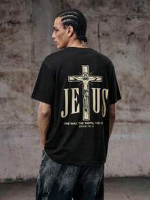 Skyrend Áo thun nam thời trang mới in hình "Thư của Chúa Giêsu" cổ tròn tay ngắn dáng rộng thoải mái - màu đen - Xem 1