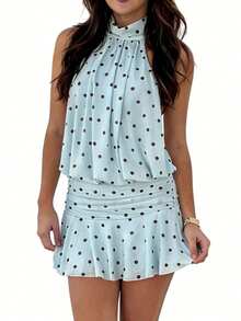 Minivestido sin mangas de lunares para mujer, cuello alto, falda fruncida, corte en A, ideal para fiestas de verano y ocasiones informales. - Azul - Ver 6