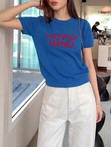 女士休闲时尚撞色字母印花圆领针织短袖T恤，夏季 - 藍色 - 查看 4