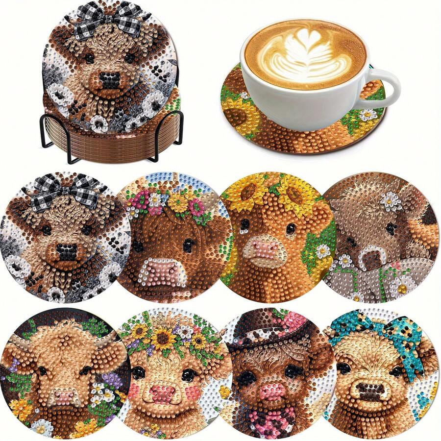 8pcs Calf Diamond Painting Coaster Set, Round Bright Diamond Surface, Firmly Adhesive With Full Tools, Easy For Beginners, Stress Relief Handcraft, New Year, Valentine's Day, Christmas, Teacher's Day Gift, Home Decor Coasters For Family, Friends, Girlfriend, Teacher