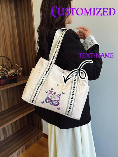 1pc Heart-Themed Printed Tote Bag, Customized Mother's Day Gift, Suitable For Sisters, Colleagues, Friends, Travel Storage, Large Capacity, Gift Bag, Student Backpack, Shopping Bag, Commuting, Travel