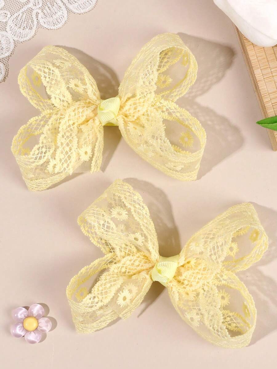 2件組黃色雛菊花卉刺繡蕾絲蝴蝶結髮夾,精緻髮飾,春夏森林風,甜美女孩與青少年髮夾 - 黃色 - 查看 1