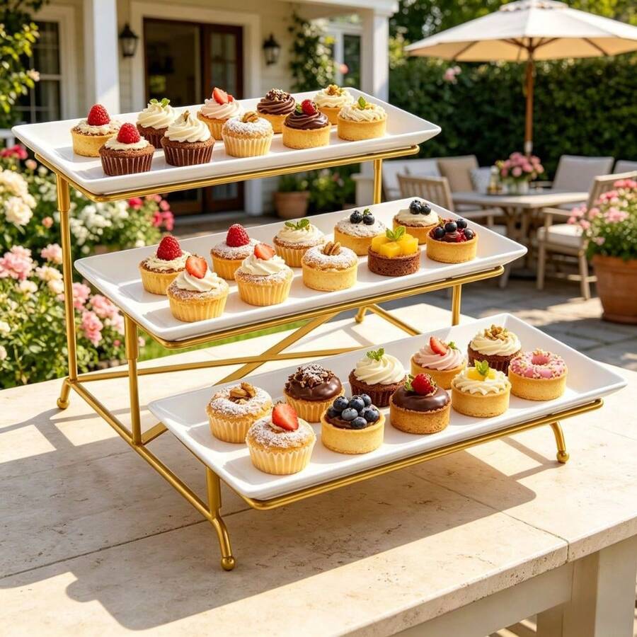 TAIMASI 3-Tier Foldable Dessert Stand With 3 Plastic Trays – Cupcake And Snack Display For Parties, Weddings, Family Gatherings, And Holiday Table Decor, Fathers Day Gift - Xem 1