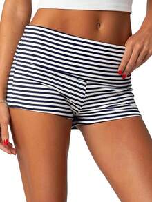 Women's Striped Mini Shorts Summer Fashionable Causal Fold Over Low Waist Micro Shorts For Daily Wear - Blue and White Stripes - View 2