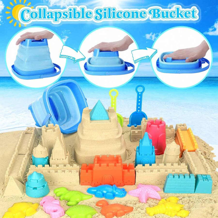 Oaoleer 22PCS Beach Toys For Kids Toddlers, Collapsible Sand Bucket And Shovels Set With Mesh Bag,Travel Sand Castle Building Kit, Sandbox Toys, Foldable Beach Essentials For Toddlers Kids Age 3-10 ﻿ - Beach Toy Set - View 1