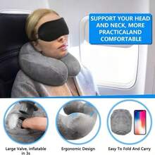 Inflatable Travel Pillow, Suitable For Airplane, Inflatable Neck Pillow With Soft Velvet Washable Pillowcase, Suitable For Sleep, Airplane, Train, Car, Office, Wave Eye Mask, Earplugs, Black Storage Bag - Multicolor - View 5