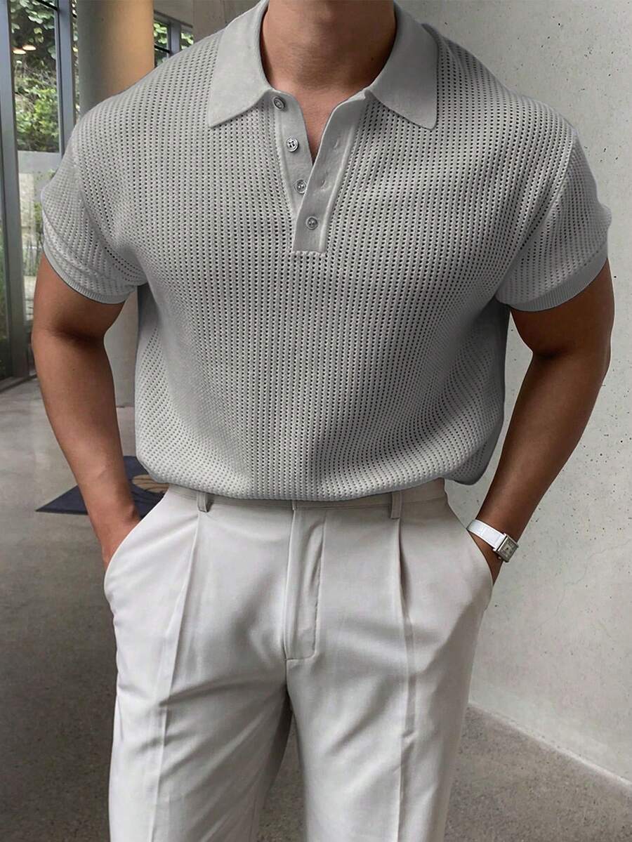 男士镂空针织Polo衫，简约时尚，适合夏季穿着