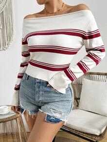 Women's Sexy Open Shoulder Boat Neck Striped Long Sleeve Fitted Blouse, Elegant Vacation Style Spring White - White - View 4
