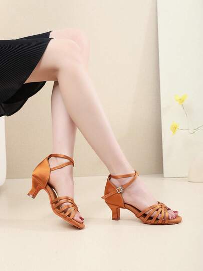 5cm Mid-Heel Satin Latin Dance Shoes, Buckle Closure, Suitable For Latin, Salsa, Jazz Dance, Professional Dance Performance, Fashion, Lightweight, Comfortable, Durable