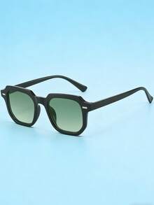 1 pieza Gafas con montura negra y lentes verdes degradados de estilo retro y poligonal, diseño minimalista y casual con detalles de remaches metálicos, ligeras y duraderas, adecuadas para uso diario, conducir, vacaciones y fotografía - Negro y verde - Ver 2