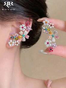 1 Pair Fashion Party Colorful Floral Crystal Glass Luxury High-End Niche Design Cartilage Clip Earrings, Unique Beautiful Exaggerated Elegant Women Earrings - 銀色 - 查看 7