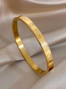 18K Gold Plated Luxury Elegant Oval Zirconia Heart Embossed Bangle Bracelet Set, Stainless Steel Jewelry, For Women Ladies, Summer Bohemia Beach Jewelry, Vacation Season, Gifts For Mom, For Daily Party Dates Gala Wedding Valentine Anniversary Music Festival Christmas, Dates, Easter Day - Multicolor - View 13