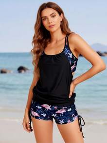 Women's Sleeveless Spaghetti Strap Boho Drawstring Tankini Swimsuit Set With Flamingo Print Shorts - màu đen - Xem 4