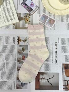 5 pares de calcetines de media caña con estampado floral rosa para mujer, calcetines florales con adorno de encaje, lindos y dulces, aptos para uso diario - Rosa - Ver 1