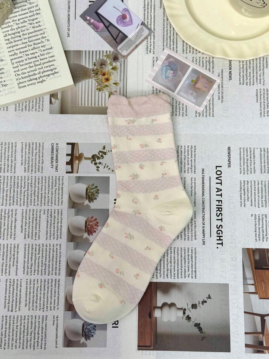 5 pares de calcetines de media caña con estampado floral rosa para mujer, calcetines florales con adorno de encaje, lindos y dulces, aptos para uso diario - Rosa - Ver 1