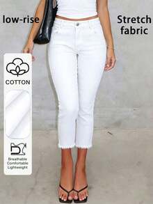 Light Wash Distressed 3/4 Skinny Jeans For Women, Stretchy Pencil Pants For Casual, Commute Summer - 白色 - 查看 13