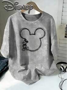 Authorized By Disney, The Retro Hand-Painted Mickey Mouse Outline Frame Design Is An Oversized Fashion Imitation Old T-Shirt For The Spring And Summer Of 2026, With A Round Neck Style To Attract Retro Fashion Lovers. - Xám - Xem 1