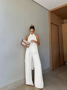 Women's 2-Piece Set, Elegant Solid Color Front Short Back Long Twist Halter Neck Top And Long Pants, Suitable For Party, Vacation, Street, Date In Spring/Summer White - White - View 5