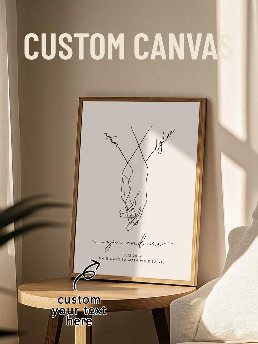1pc Frameless Personalized Modern Minimalist Style Text Design Wall Decoration Canvas Painting, Creative Personalized Text Design Poster With Hands Clasped Together, Perfect Decor For Bedroom Or Livingroom, Poster Decorative Paintings Full Of Black And White Minimalism, New Year Gifts - Multicolor - View 1