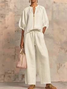 2026 Summer New European And American Women's Casual Loose Solid Color Zipper Round Neck Wide-Leg Pants Set For Women - 牛仔藍 - 查看 3