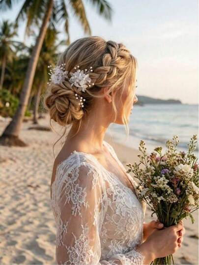 Bộ 2 phụ kiện tóc ren hoa, phụ kiện đội đầu và kẹp tóc cho cô dâu, trang trí ngày Valentine, phụ kiện tóc cưới