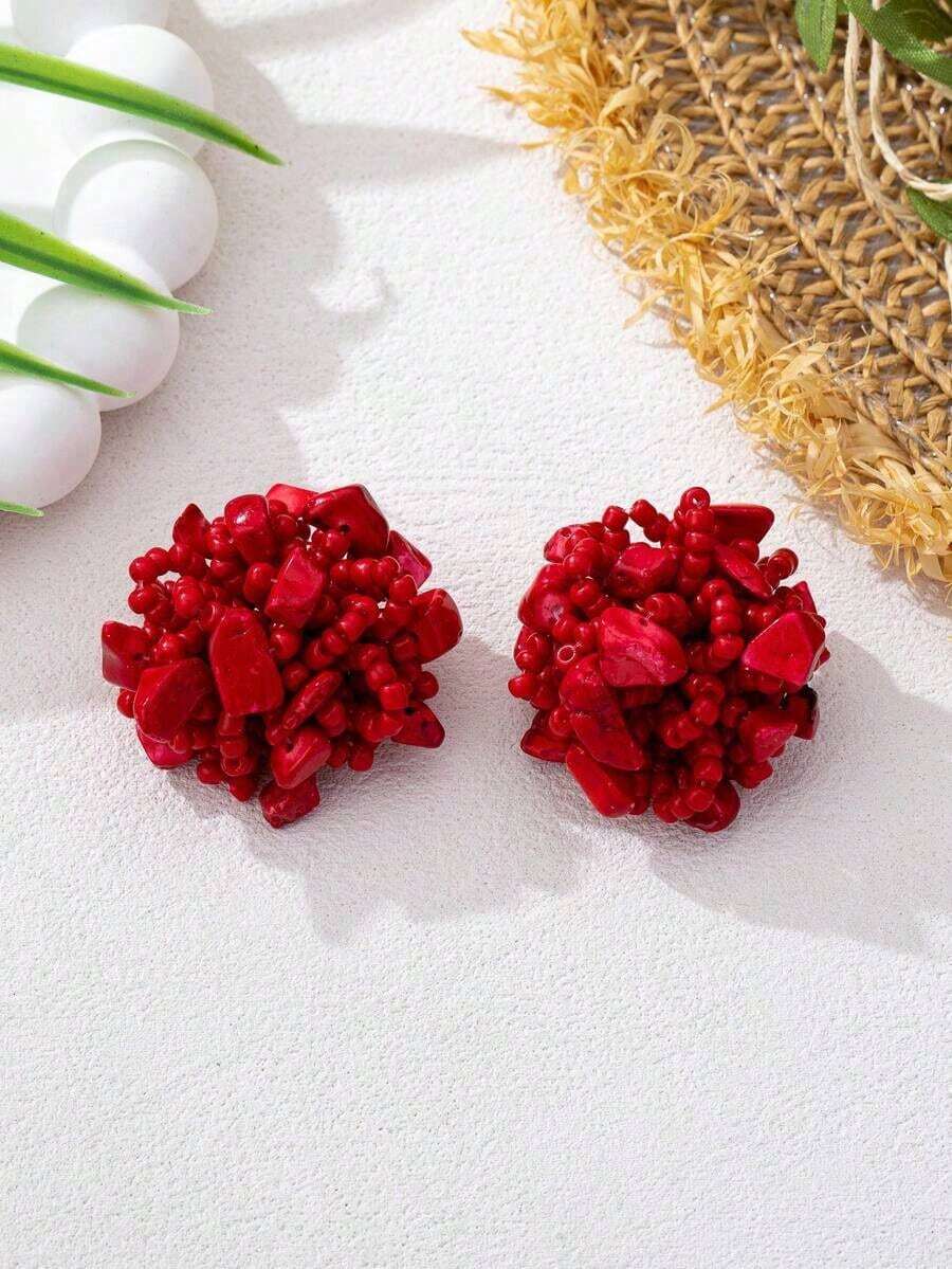 1 Pair Handmade Turquoise Beaded Earrings, Each Piece Unique, Elegant Earrings Suitable As Gifts For Friends - 棕色 - 查看 1