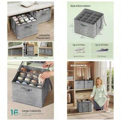 Set Of 2 Shoe Organisers Closet, Fits 16 Pairs Each, Shoe Storage Bins, Fabric Containers With Handles And Cover, Bedroom, Entryway, Wardrobe, Cattail LSP602G01
