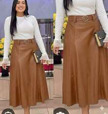 High-Waisted A-Line Midi Skirt – Elegant In Faux Leather, Stylish, Casual, Cute, Party, PU Leather, Side Zipper, Evening, Office, Wedding, Dating, Stage And Concert, Autumn And Winter - 摩卡棕 - 查看 2