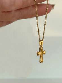 1pc Stainless Steel Waterproof Non-Fading Vintage Floral Cross Pendant Necklace, Suitable For Women's Daily Wear - Gold Cross Necklace - View 3