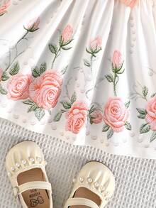 Vestido de verano para niñas pequeñas con estampado de retazos y mangas cortas, vestido casual con lazo para niñas pequeñas versátil para vacaciones - Rosa - Ver 7