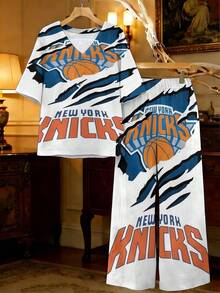 Ne-W York Knicks Print Women's Plus Size 2 Piece Outfit Short Sleeve Top & Pants,  Regular Fit Fashionable And Comfortable Casual Style Summer Wear - 混合色 - 查看 4