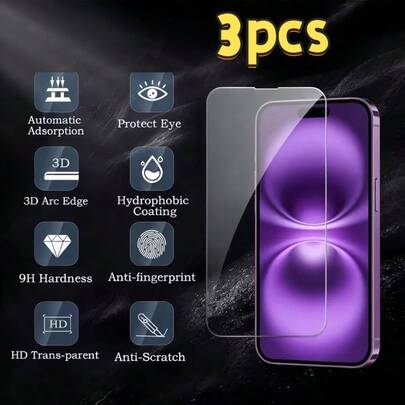Bộ 3 miếng dán màn hình cường lực tương thích với iPhone 17pro Max/17pro/17air/17/13/14/15/16pro/Plus/Pro Max/16e - Chất lượng cao, màng bảo vệ chống trầy xước, dễ dàng lắp đặt, phụ kiện điện thoại, dán không bọt khí, miếng dán màn hình cường lực cho iPhone 13/14/15/16 Pro Max, độ phân giải cao, trong suốt, không bọt khí, chống trầy xước, miếng dán bảo vệ màn hình.