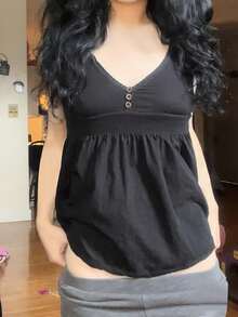 Lace Patchwork V-Neck Buttoned Waist-Cinching Ruched Short-Sleeve Summer A-Line T-Shirt Top - màu đen - Xem 1