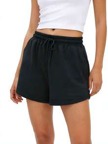 High Waisted Drawstring Athletic Shorts With Pockets, Comfortable Casual Workout Running Fitness Shorts For Women - màu đen - Xem 1