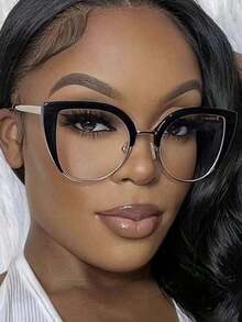 European & American Cat Eye Eyeglasses Frame, New Fashionable Flat Light Glasses For Women, Street Snap Style Glasses Accessories For Women Valentine's Day - 黑色 - 查看 6