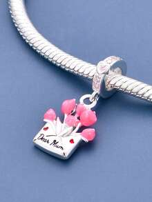 1 pièce Enveloppe de bouquet de fête des mères de conception de niche de luxe élégante avec décoration de perle, pendentif polyvalent DIY pour bracelet ou collier, cadeau de fête des mères - Argent - Voir 2