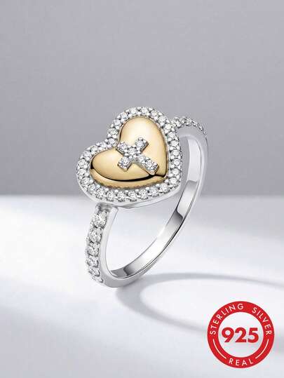 1 szt. Pierścień z krzyżem w kształcie serca ze srebra próby 925 z cyrkoniami, odpowiedni do noszenia na co dzień i na imprezę, wysokiej jakości biżuteria na prezent