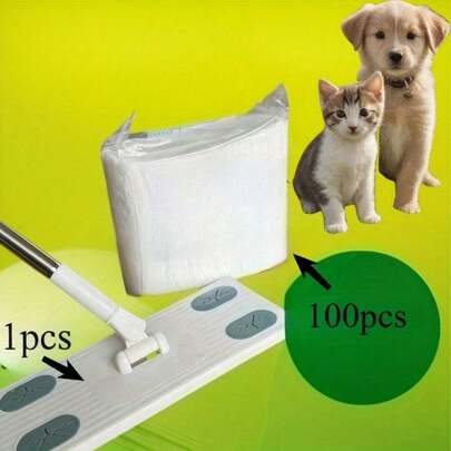 1 dweil + 100 wegwerpdoekjes, duurzame reinigingspads voor dierenharen, geschikt voor houten vloeren en glazen oppervlakken.