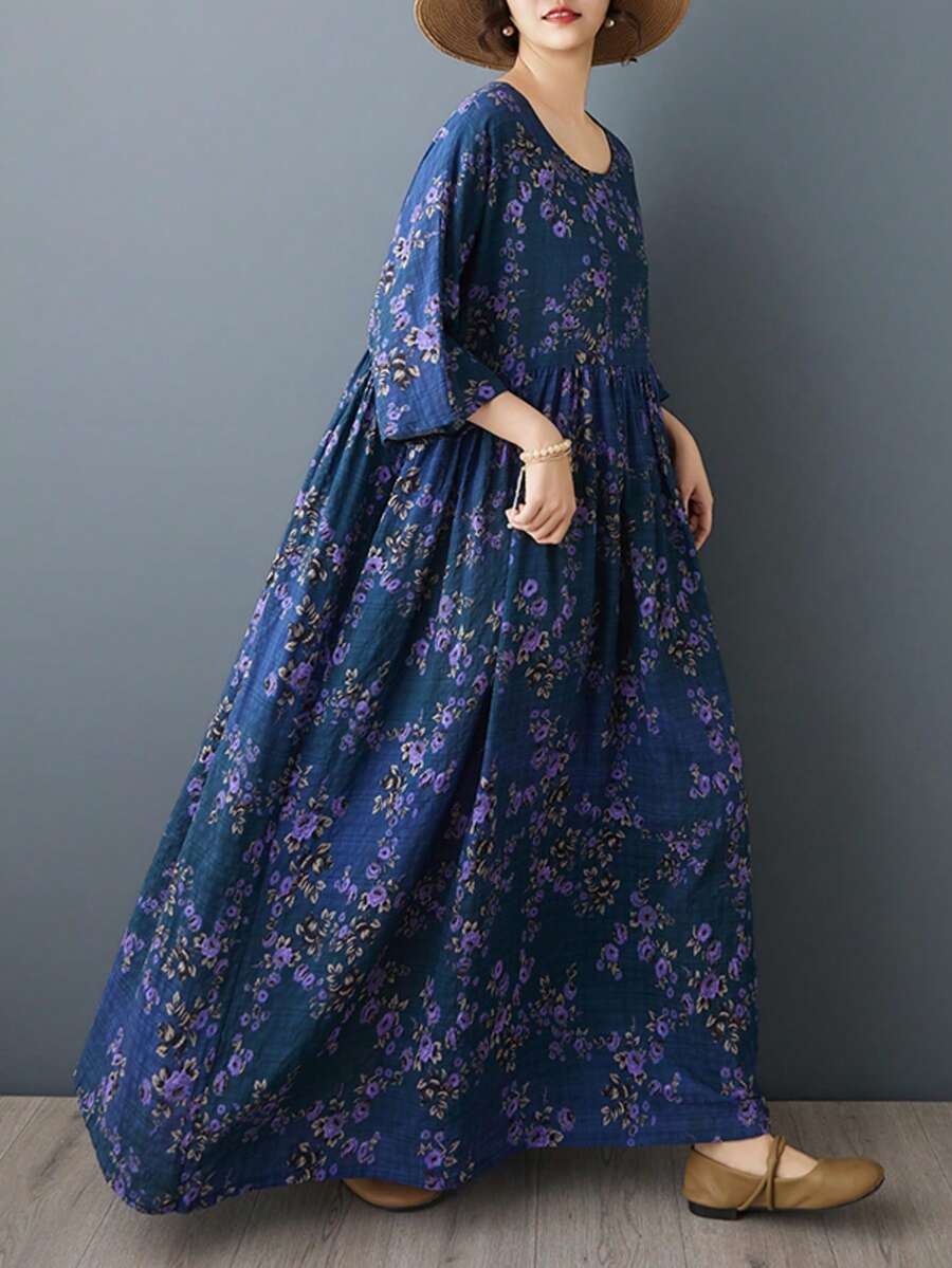 Đầm maxi phong cách Bohemian giản dị cho kỳ nghỉ, đầm dài dáng chữ A màu xanh hoa cổ điển cỡ lớn mùa xuân/hè 2026, cổ tròn, tay ngắn kiểu cánh dơi, vải dệt không co giãn, có lớp lót, kiểu dáng thanh lịch. - Màu xanh lam - Xem 1
