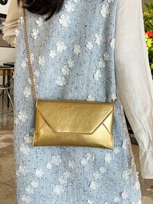 新款女士斜挎手机包，时尚条纹信封链条单肩包，简约百搭大容量手拿包 - 金色 - 查看 2