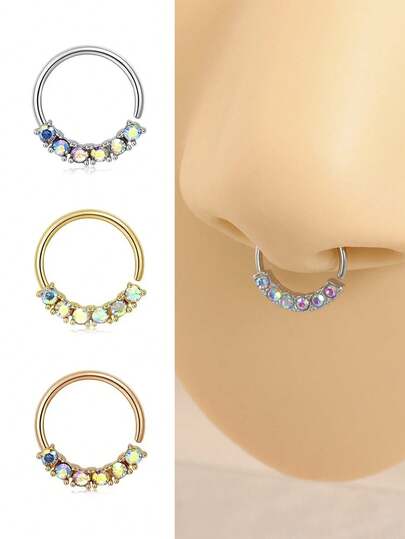 1 chiếc khuyên mũi septum đính đá CZ cầu vồng lấp lánh tuyệt đẹp, khuyên mũi bằng thép không gỉ không gây dị ứng, 3 màu (bạc/vàng/vàng hồng), khuyên mũi septum đính pha lê tinh tế, trang sức xỏ khuyên thời trang dành cho nữ.