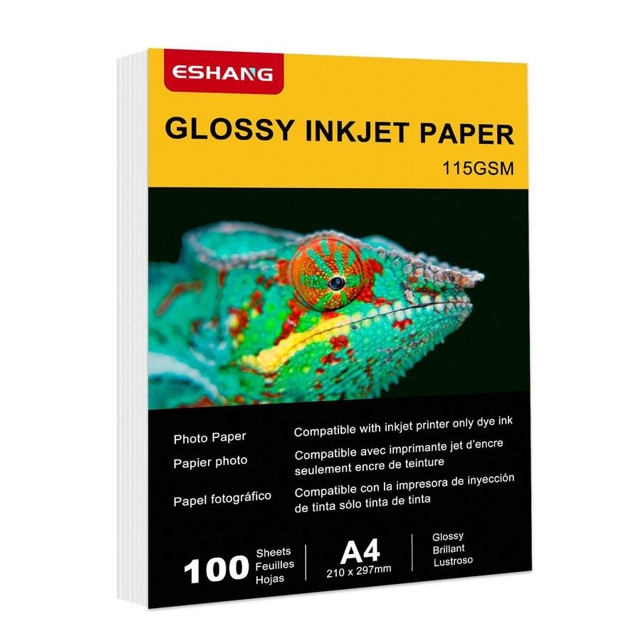 ESHANG 100张115克/30磅光面相纸，A4尺寸（8.3x11.7英寸）单面薄纸，适用于DIY薯片包装袋、说明书、传单等，兼容染料墨水 - 高光相紙 - 查看 1